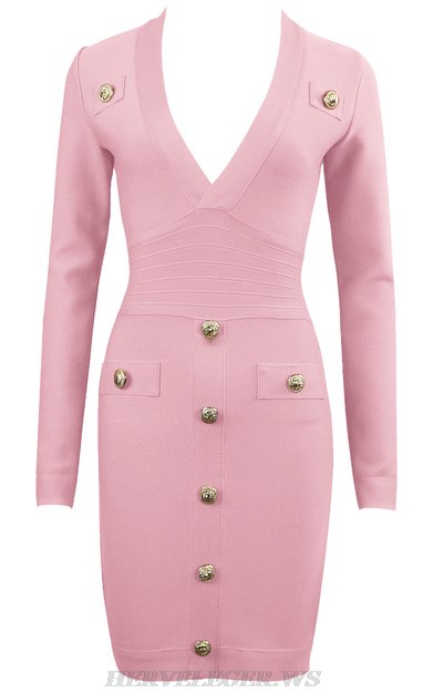 Herve Leger Pink Long Sleeve Button Detail Dress