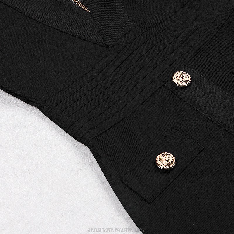 Herve Leger Black Long Sleeve Button Dress