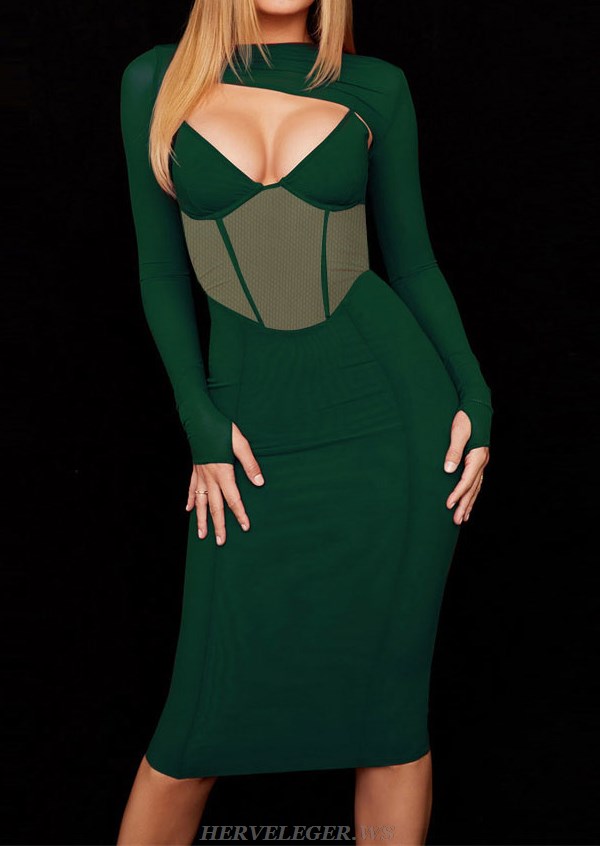 Herve Leger Green Long Sleeve Corset Dress
