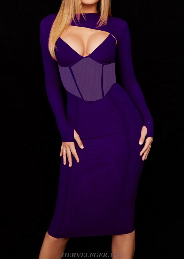 Herve Leger Purple Long Sleeve Corset Dress