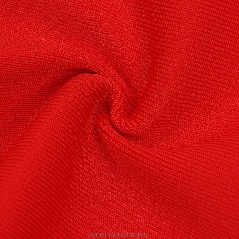 Herve Leger Red Long Sleeve Crochet Dress