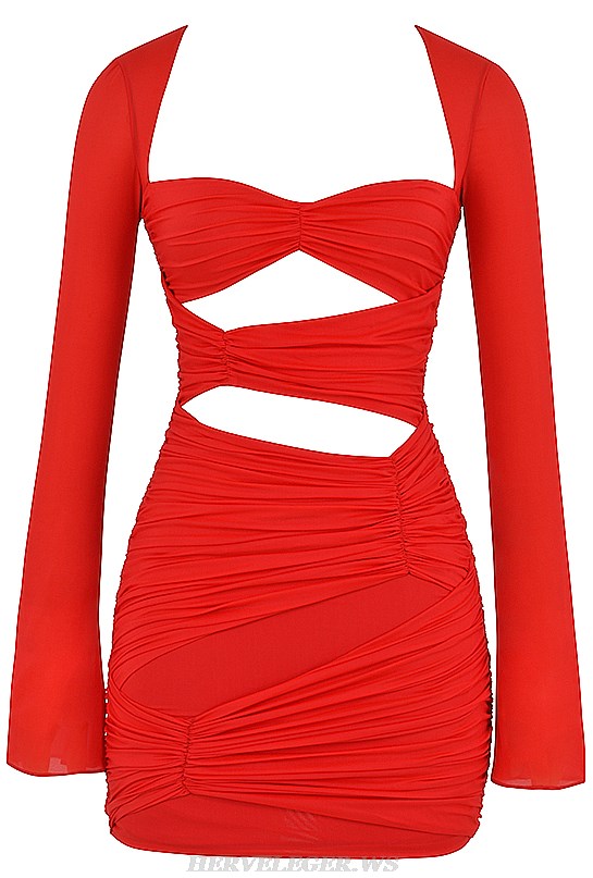 Herve Leger Red Long Sleeve Cut Out Draped Dress