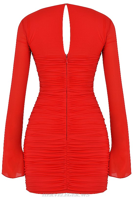 Herve Leger Red Long Sleeve Cut Out Draped Dress