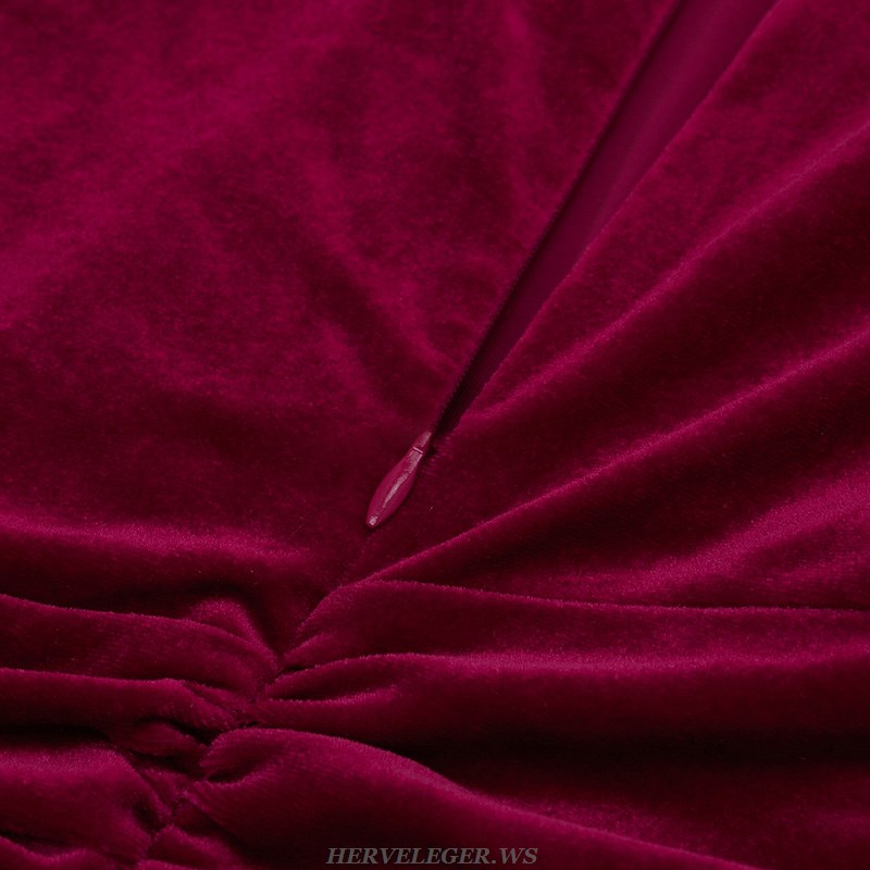 Herve Leger Burgundy Long Sleeve Draped Velvet Dress