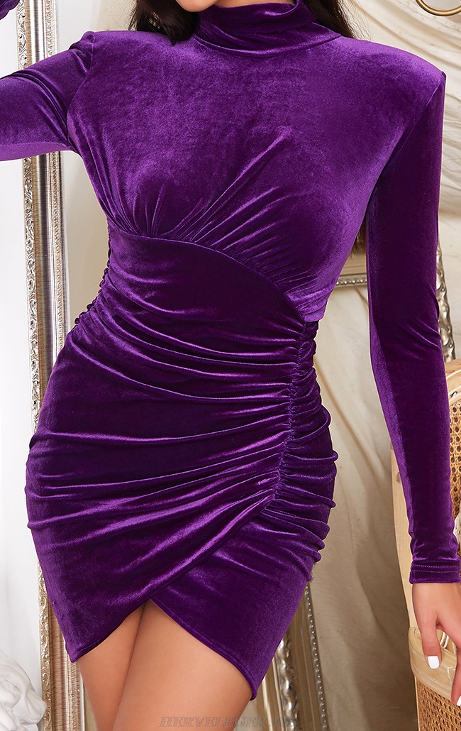 Herve Leger Purple Long Sleeve Draped Velvet Dress