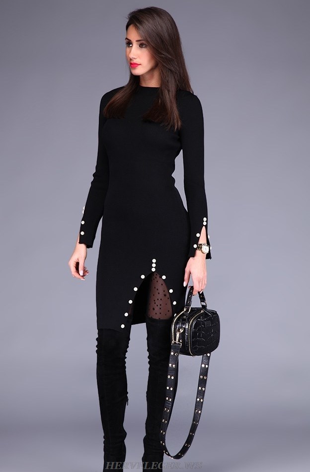 Herve Leger Black Long Sleeve Pearl Detail Ribbed Dress