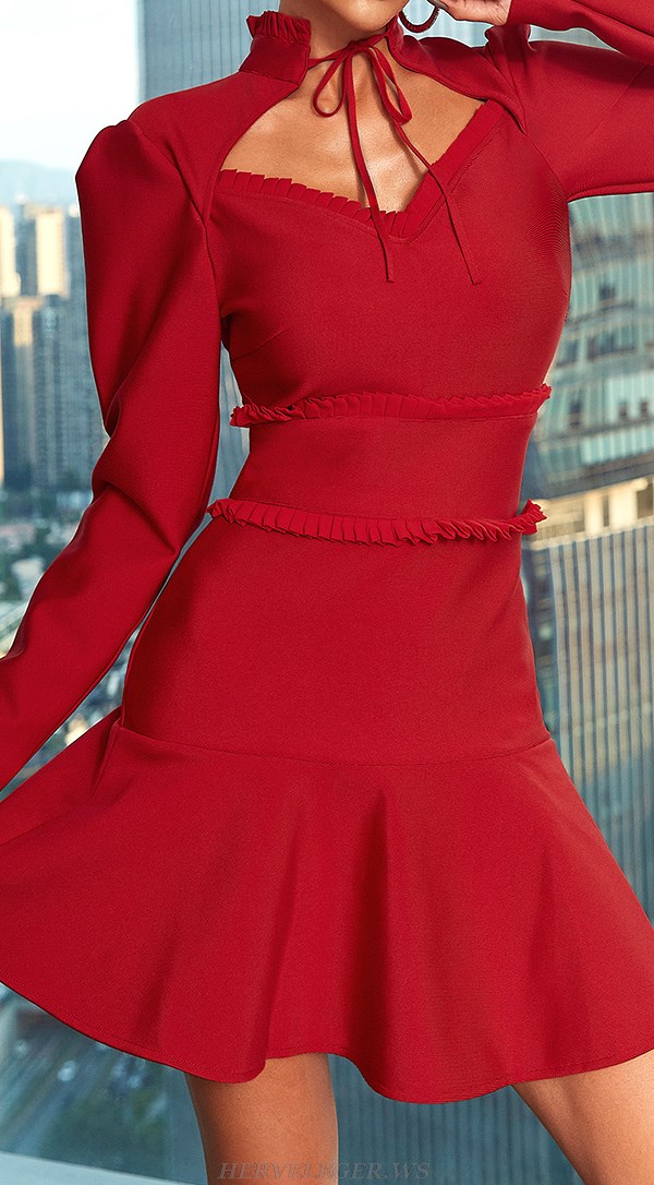 Herve Leger Red Long Sleeve Pleated Fluted Dress