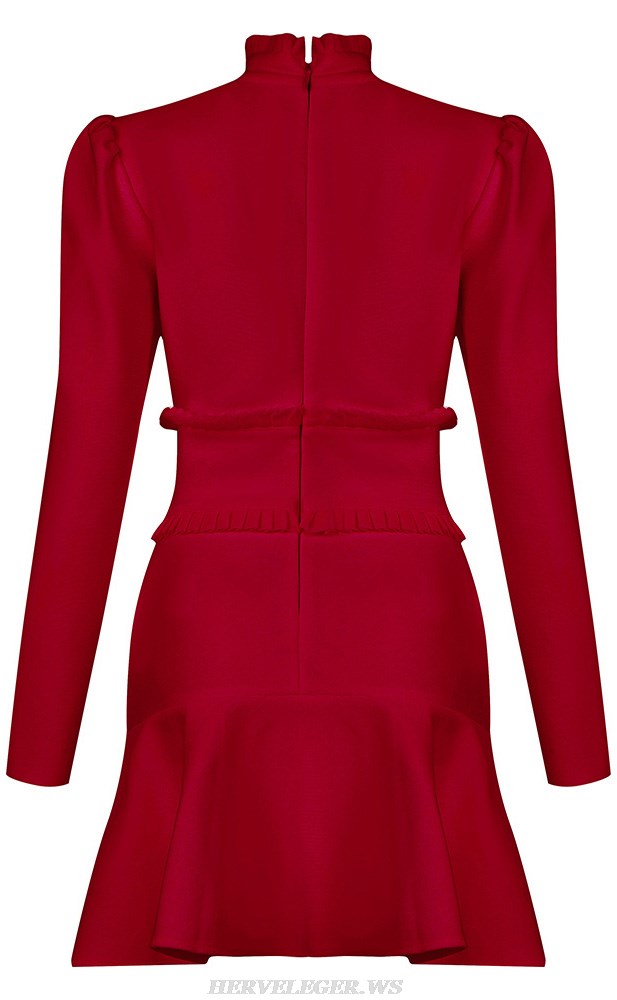 Herve Leger Red Long Sleeve Pleated Fluted Dress