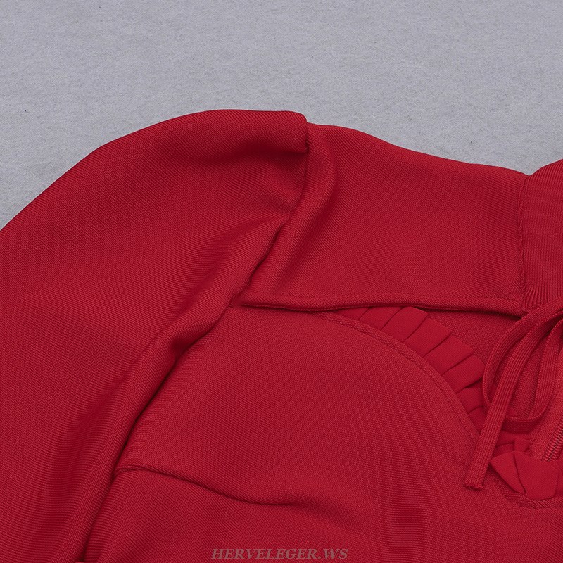 Herve Leger Red Long Sleeve Pleated Fluted Dress