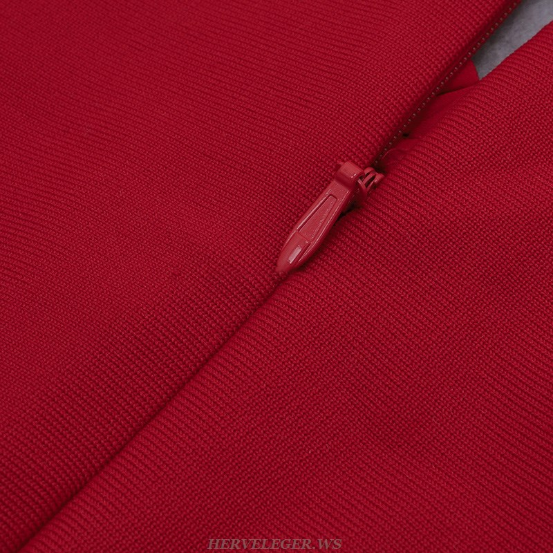 Herve Leger Red Long Sleeve Pleated Fluted Dress