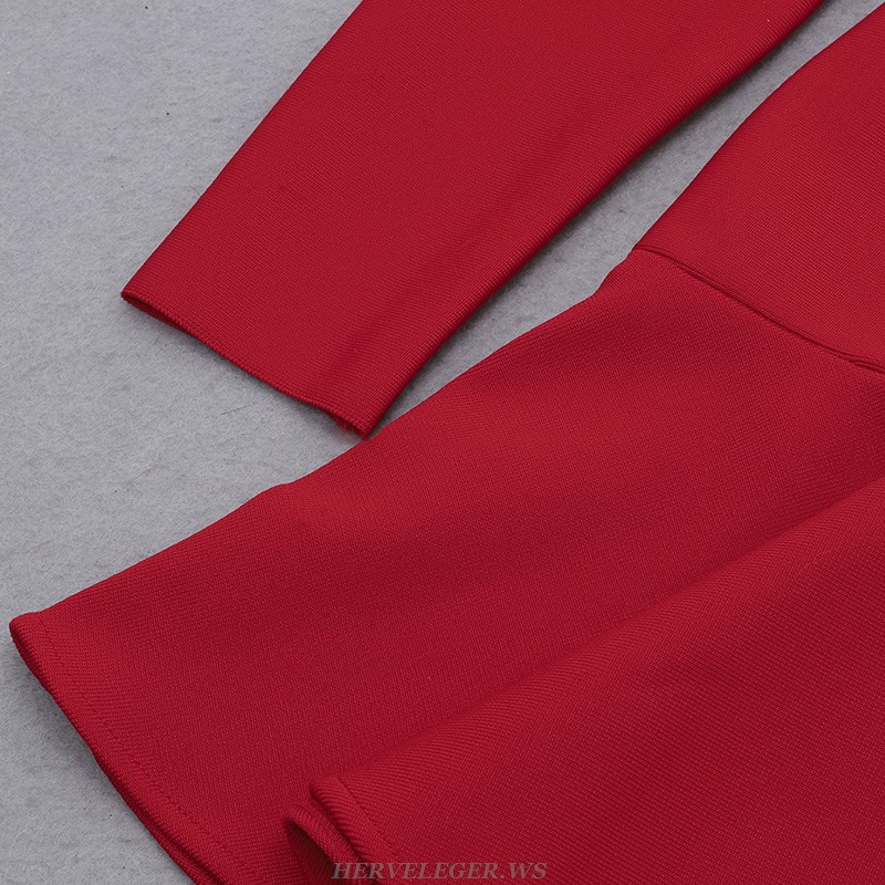 Herve Leger Red Long Sleeve Pleated Fluted Dress