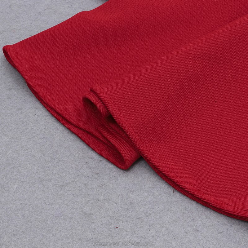 Herve Leger Red Long Sleeve Pleated Fluted Dress