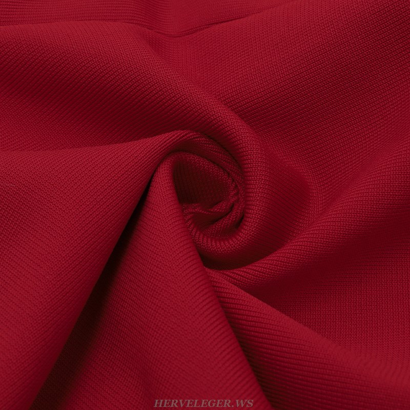 Herve Leger Red Long Sleeve Pleated Fluted Dress