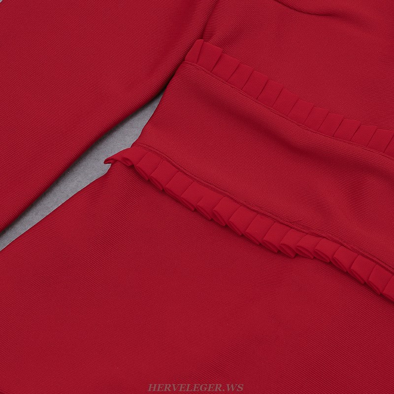 Herve Leger Red Long Sleeve Pleated Fluted Dress