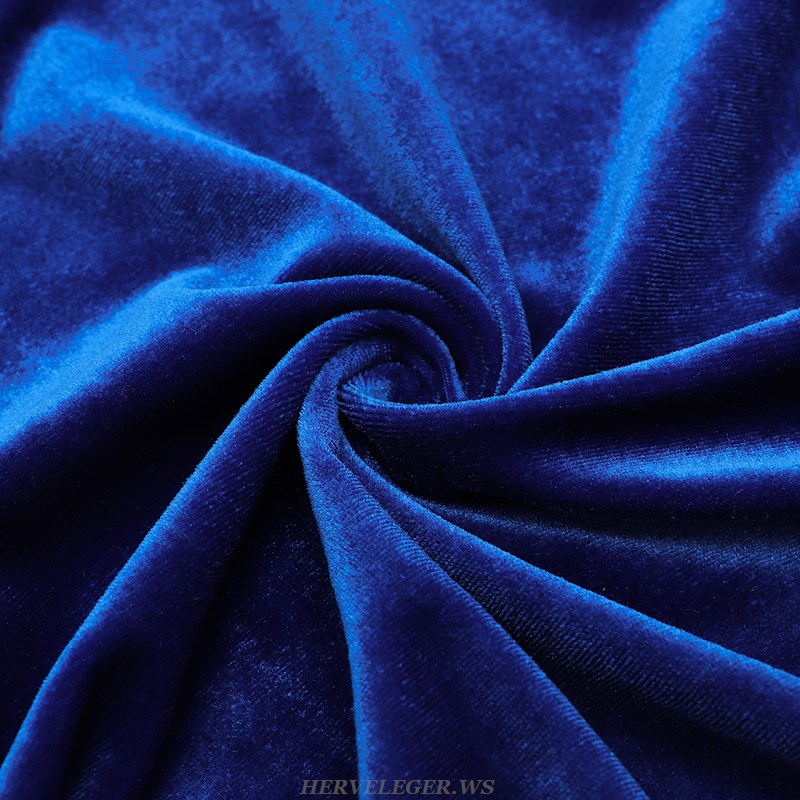 Herve Leger Blue One Sleeve Ruched Velvet Dress