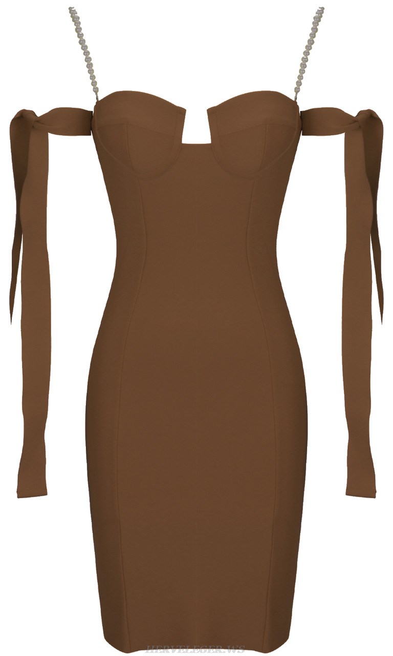 Herve Leger Brown Pearl Strap Bardot Bustier Dress
