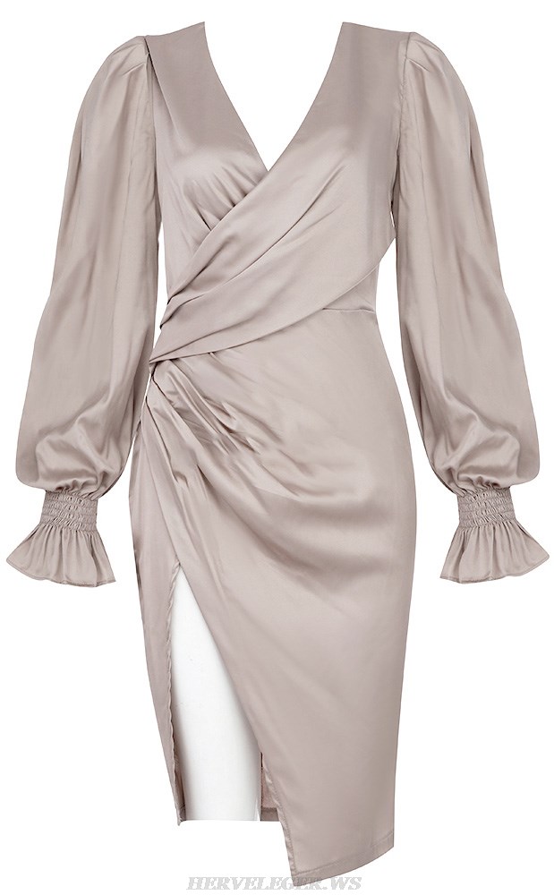 Herve Leger Nude Puff Long Sleeve Draped Silk Dress