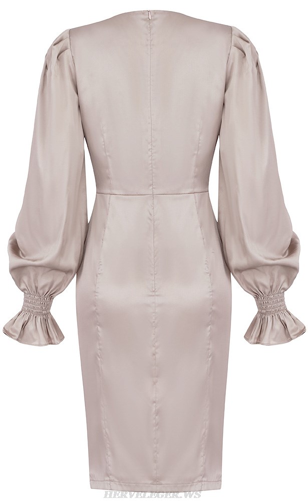 Herve Leger Nude Puff Long Sleeve Draped Silk Dress