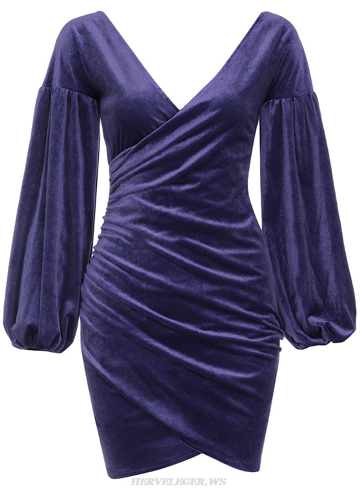 Herve Leger Purple Blue Puff Long Sleeve Draped Velvet Dress
