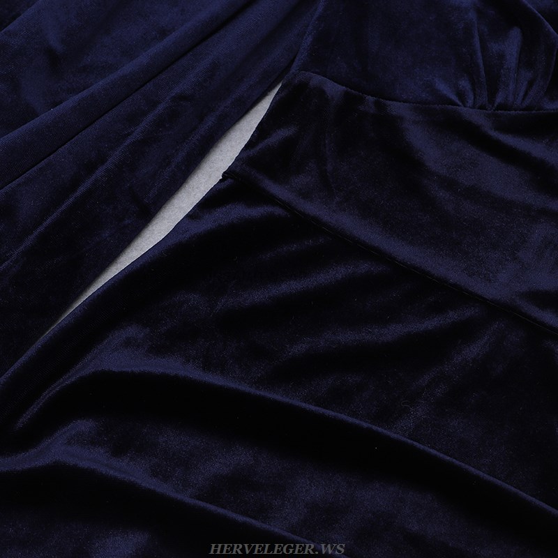 Herve Leger Blue Puff Long Sleeve Velvet Dress