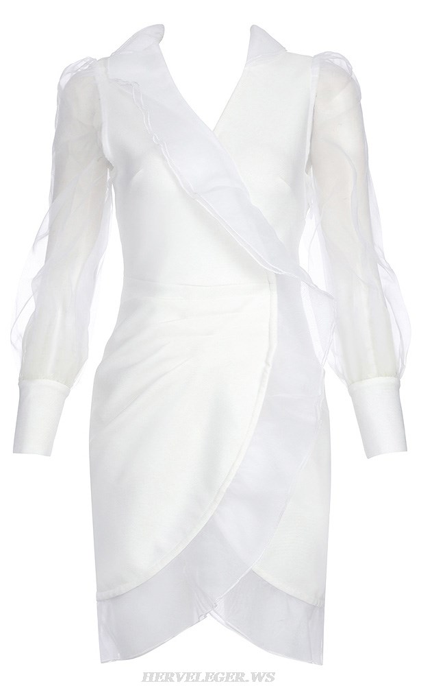 Herve Leger White Puff Long Sleeve Ruffle Dress