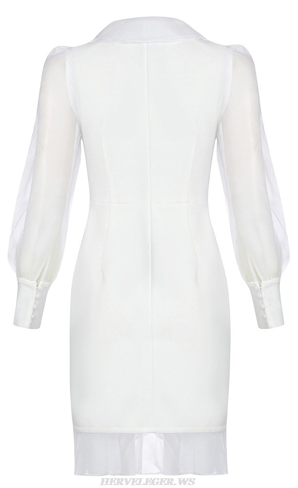 Herve Leger White Puff Long Sleeve Ruffle Dress