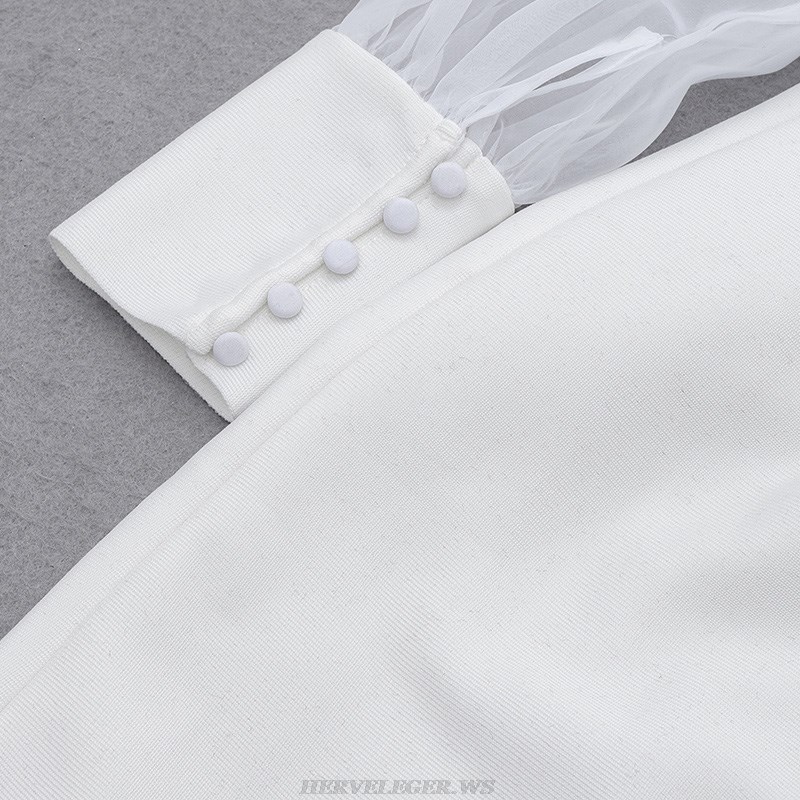 Herve Leger White Puff Long Sleeve Ruffle Dress