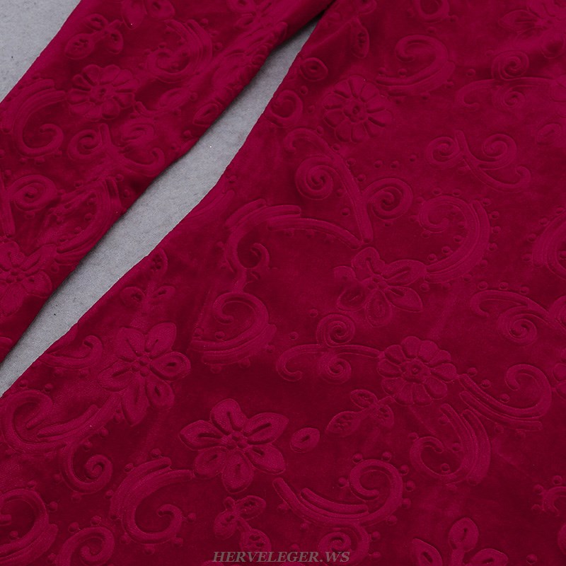 Herve Leger Red Puff Long Sleeve Velvet Dress