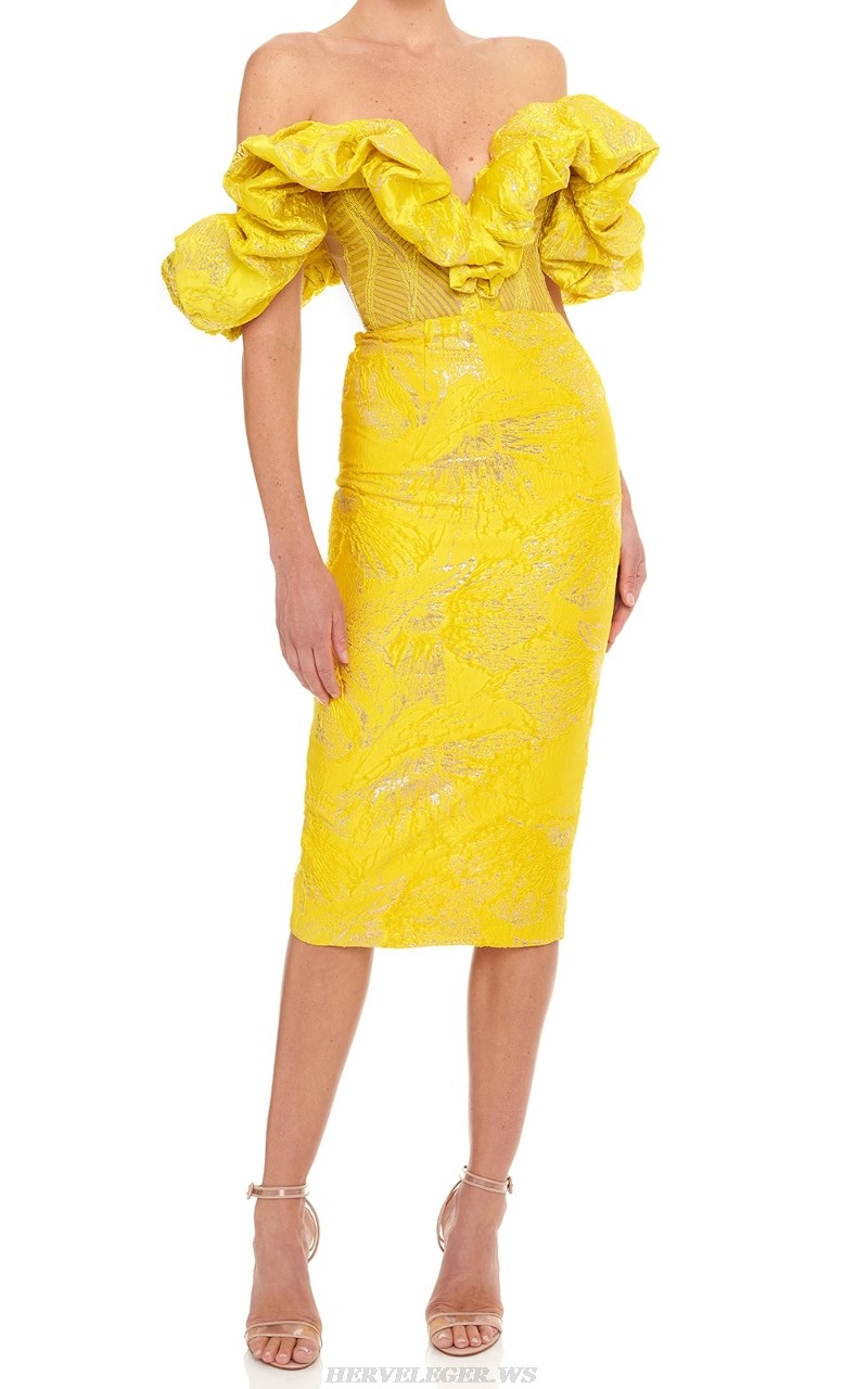 Herve Leger Yellow Puff Off Shoulder Corset Sparkly Dress