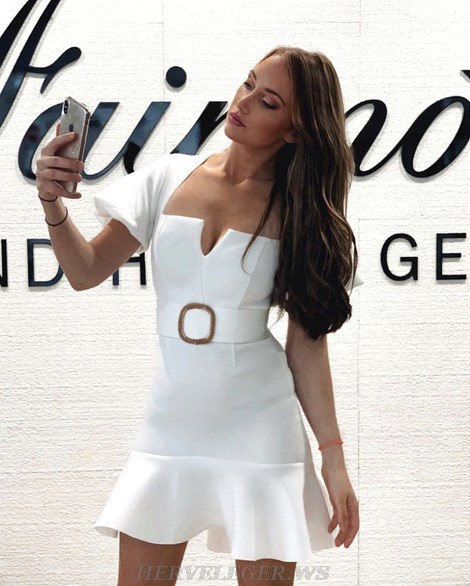 Herve Leger White Puff Short Sleeve Belt Fluted Dress