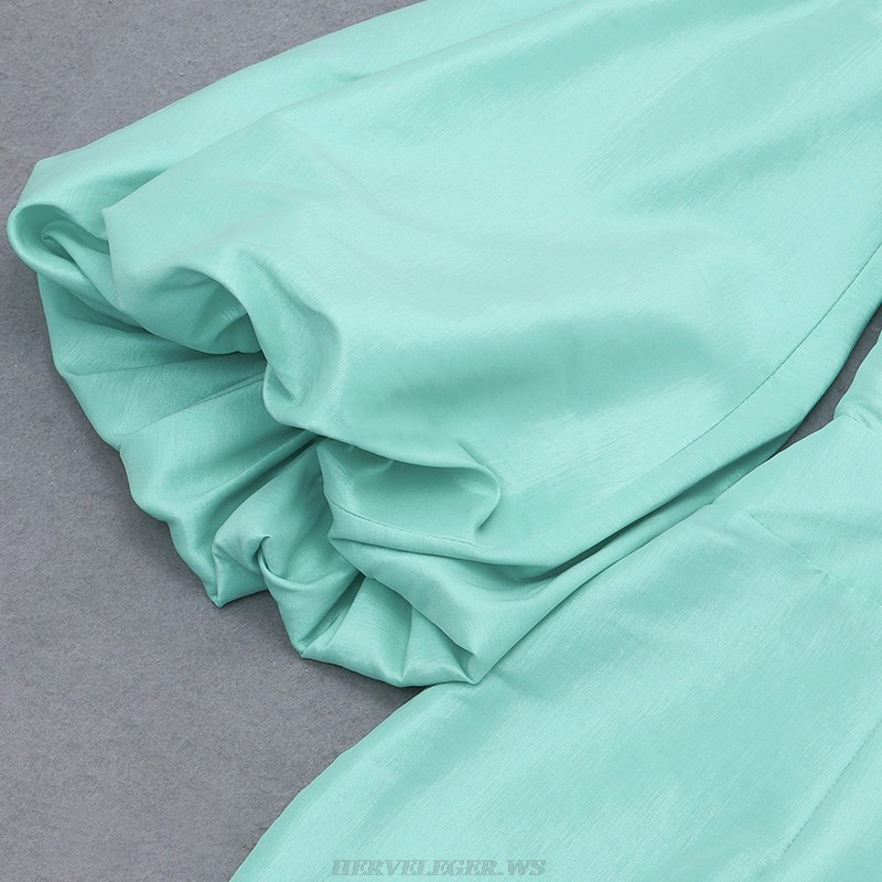 Herve Leger Green Puff Sleeve Off The Shoulder Silk Dress