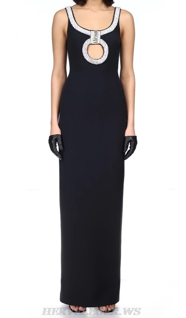 Herve Leger Black Rhinestone Cut Out Gown