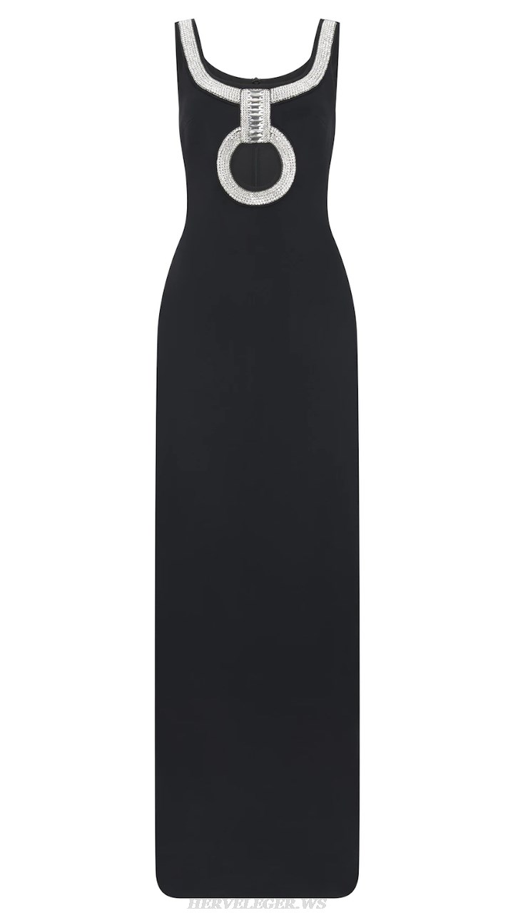 Herve Leger Black Rhinestone Cut Out Gown