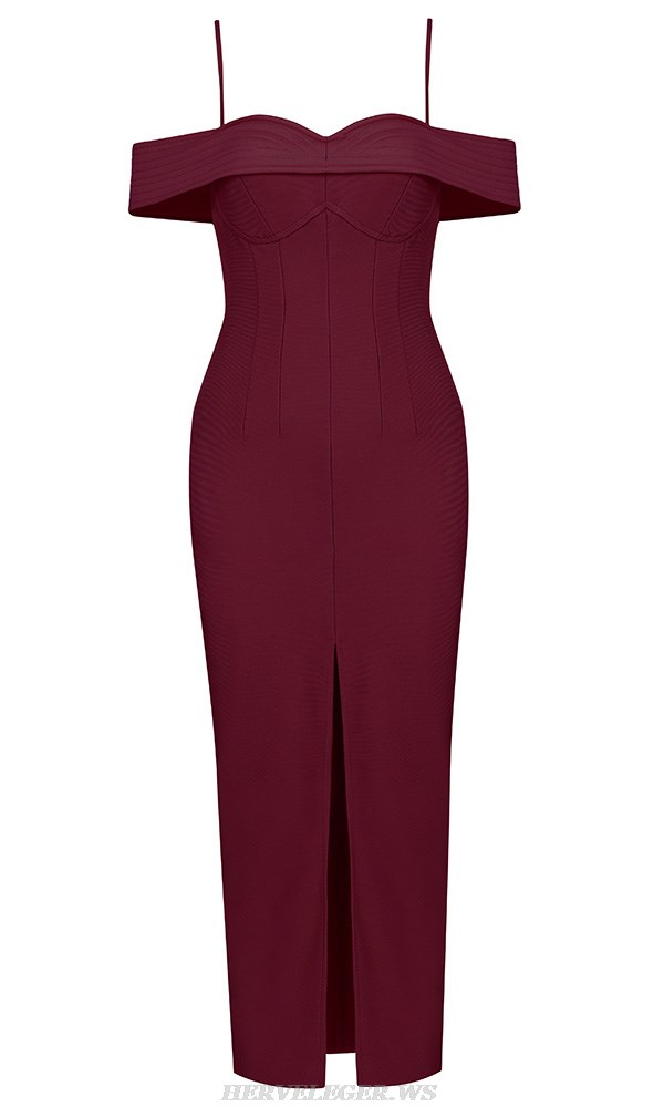 Herve Leger Burgundy Ribbed Off The Shoulder Corset Dress