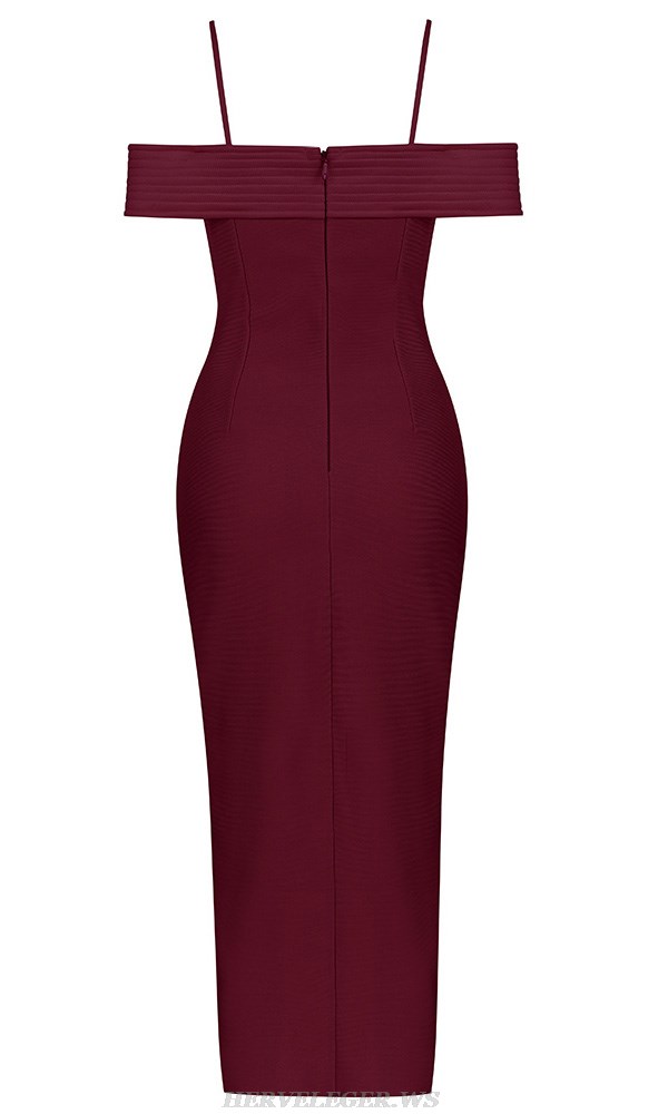 Herve Leger Burgundy Ribbed Off The Shoulder Corset Dress