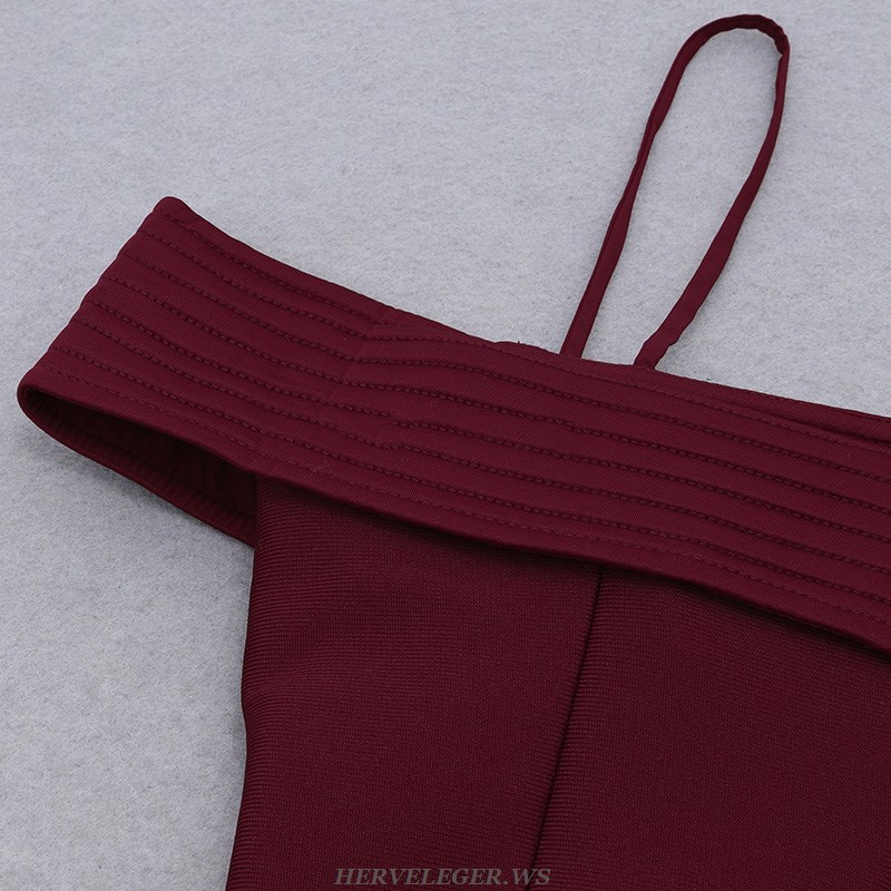 Herve Leger Burgundy Ribbed Off The Shoulder Corset Dress
