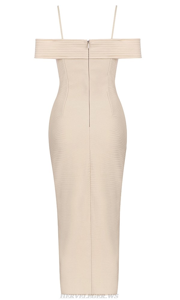 Herve Leger Nude Ribbed Off The Shoulder Corset Dress