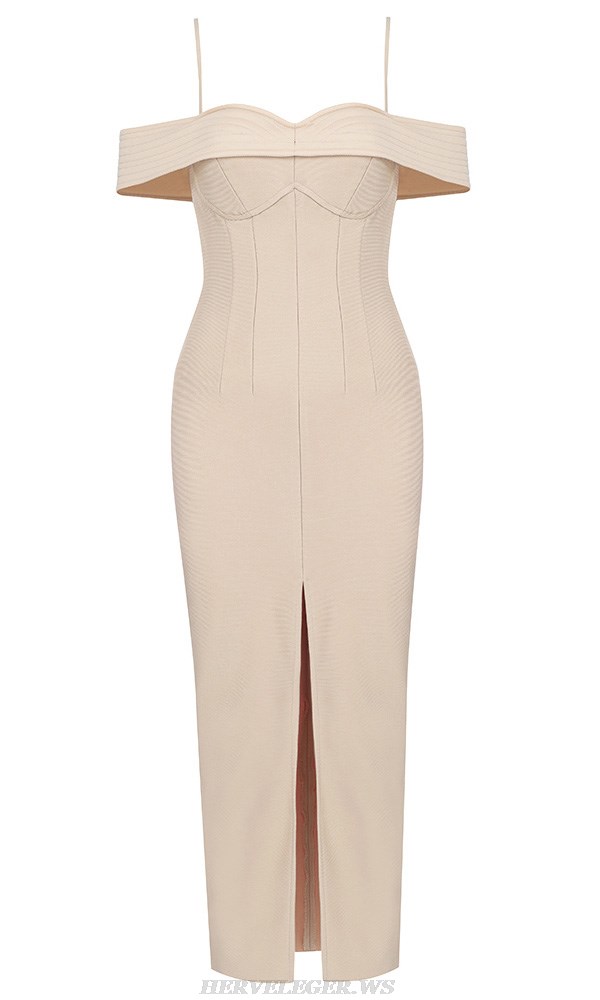Herve Leger Nude Ribbed Off The Shoulder Corset Dress