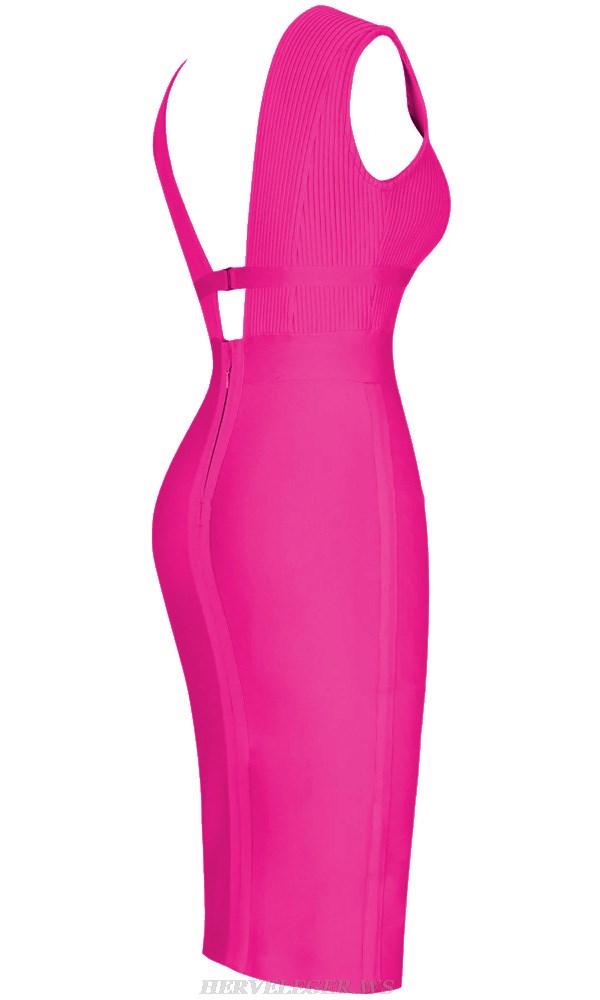 Herve Leger Hot Pink Ribbed Plunge V Neck Dress