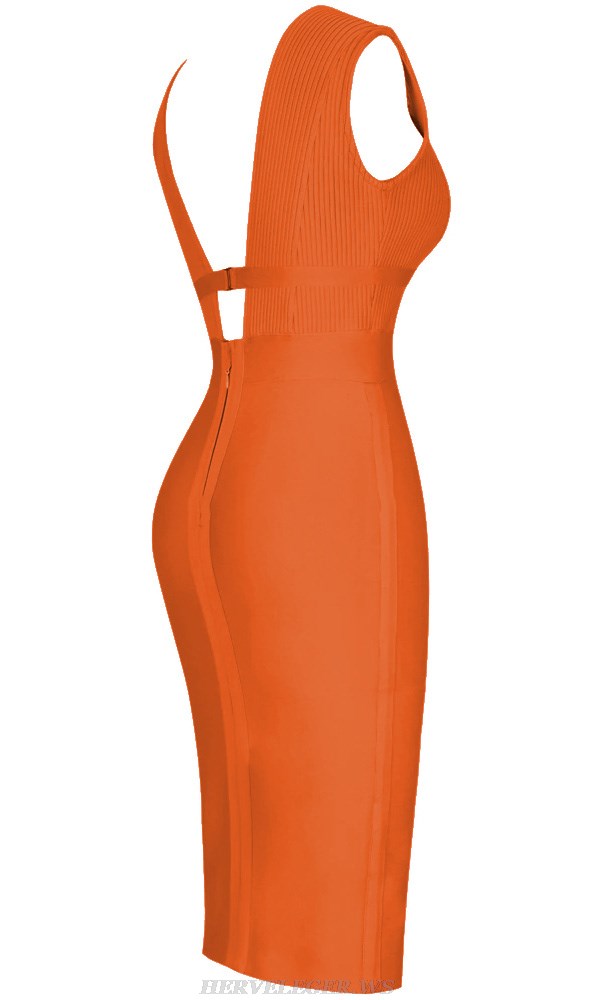 Herve Leger Orange Ribbed Plunge V Neck Dress