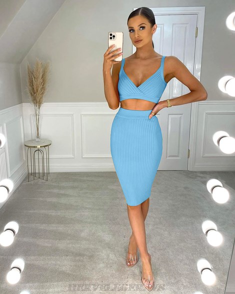 Herve Leger Blue Ribbed Two Piece Dress