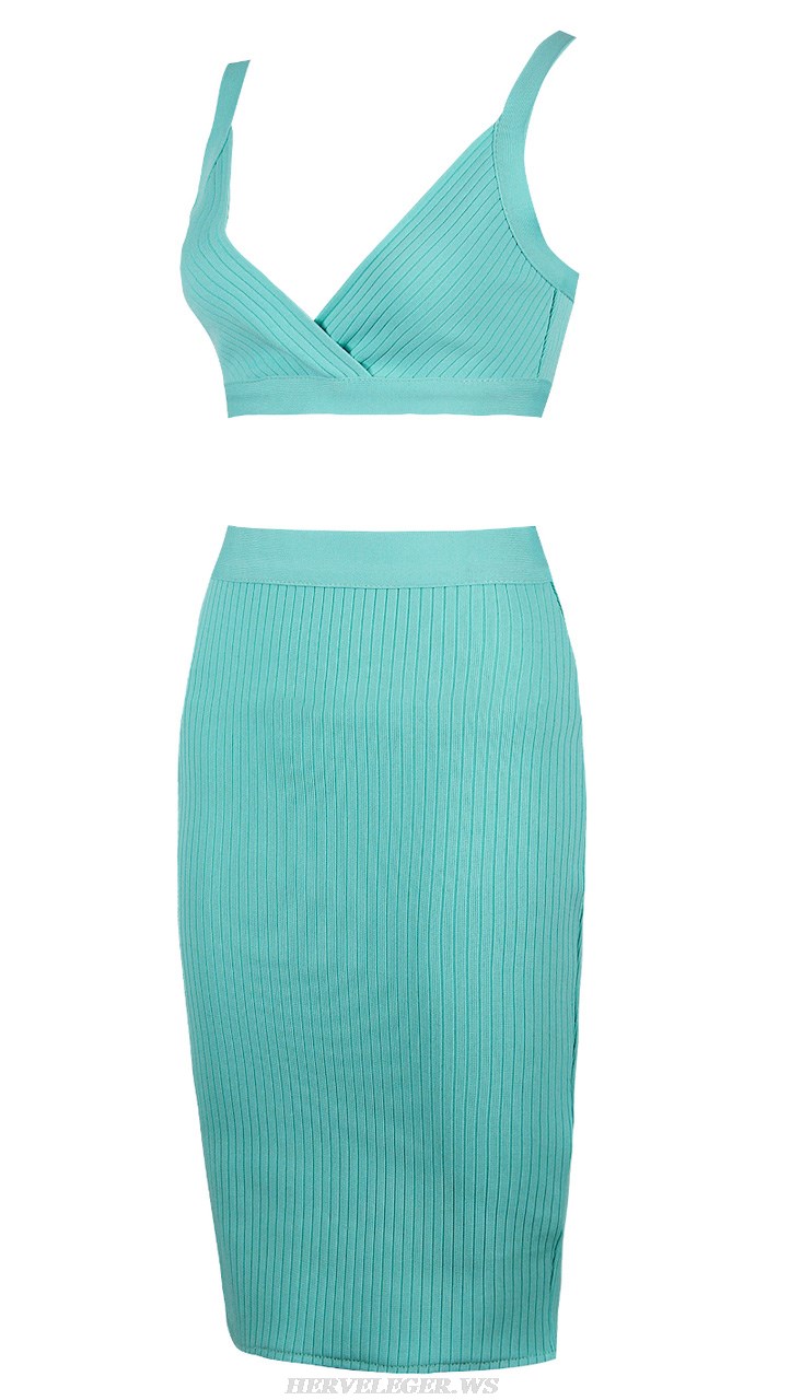 Herve Leger Green Ribbed Two Piece Dress