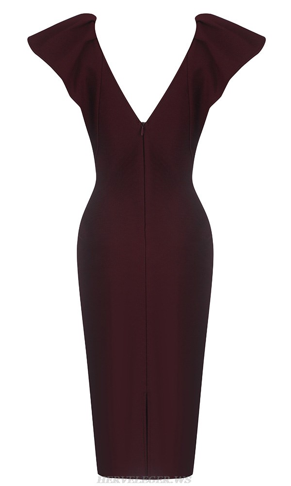 Herve Leger Burgundy Ruffle Sleeve Dress