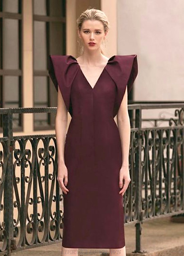 Herve Leger Burgundy Ruffle Sleeve Dress