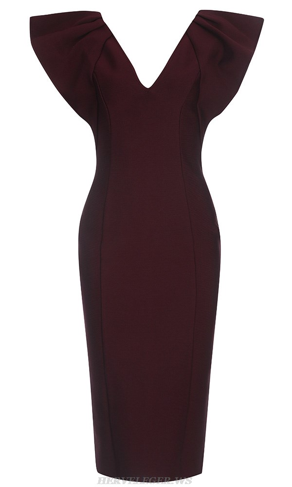 Herve Leger Burgundy Ruffle Sleeve Dress