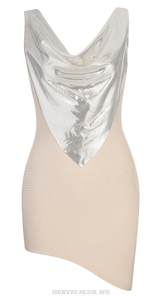 Herve Leger Nude Silver Mirrored Asymmetric Dress