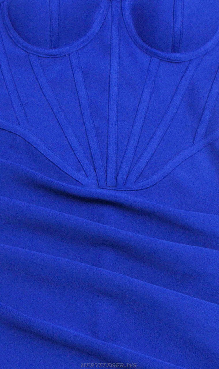 Herve Leger Blue Strapless Corset Draped Dress