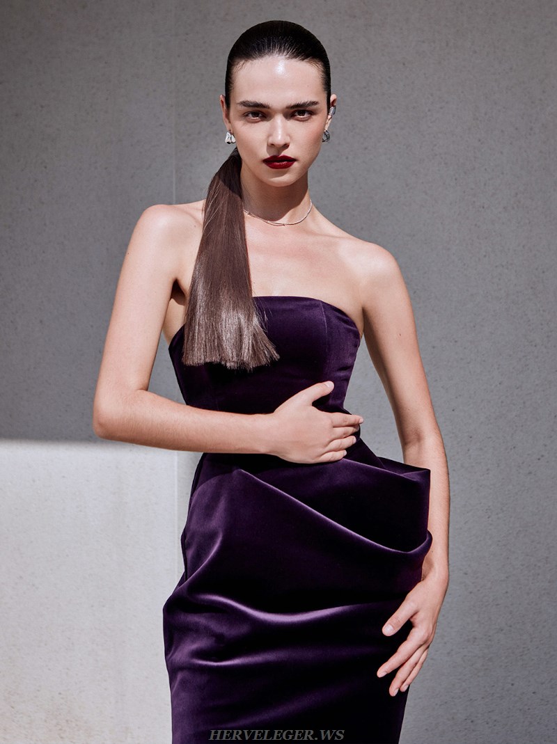 Herve Leger Purple Strapless Draped Velvet Dress