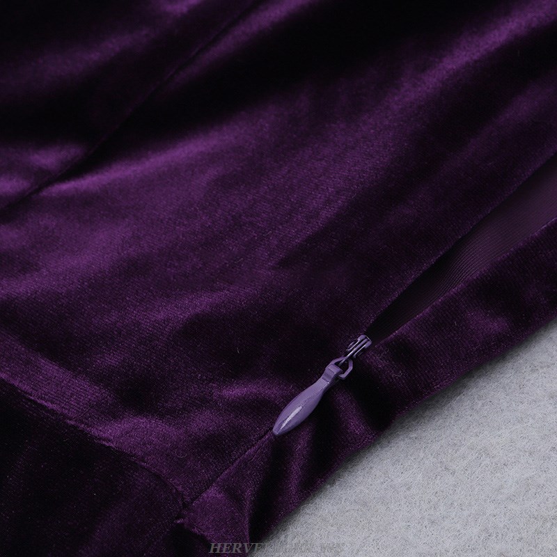 Herve Leger Purple Strapless Draped Velvet Dress