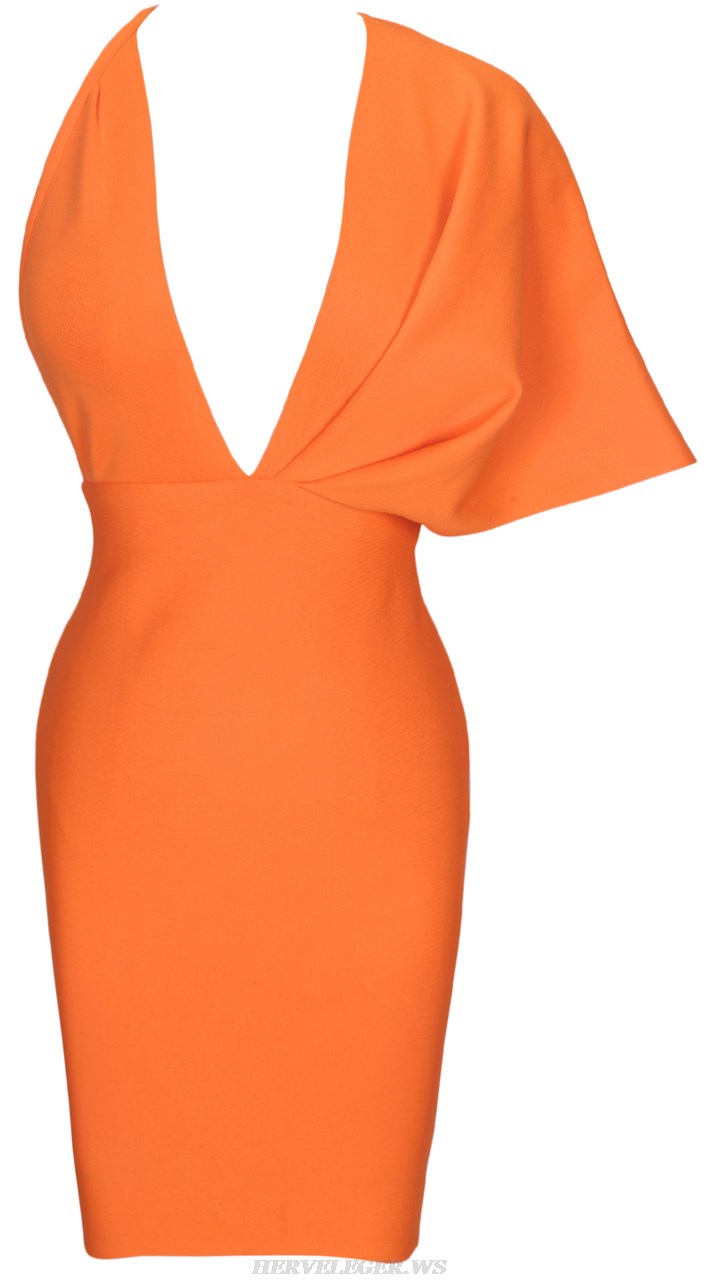 Herve Leger Orange Asymmetric Draped Dress